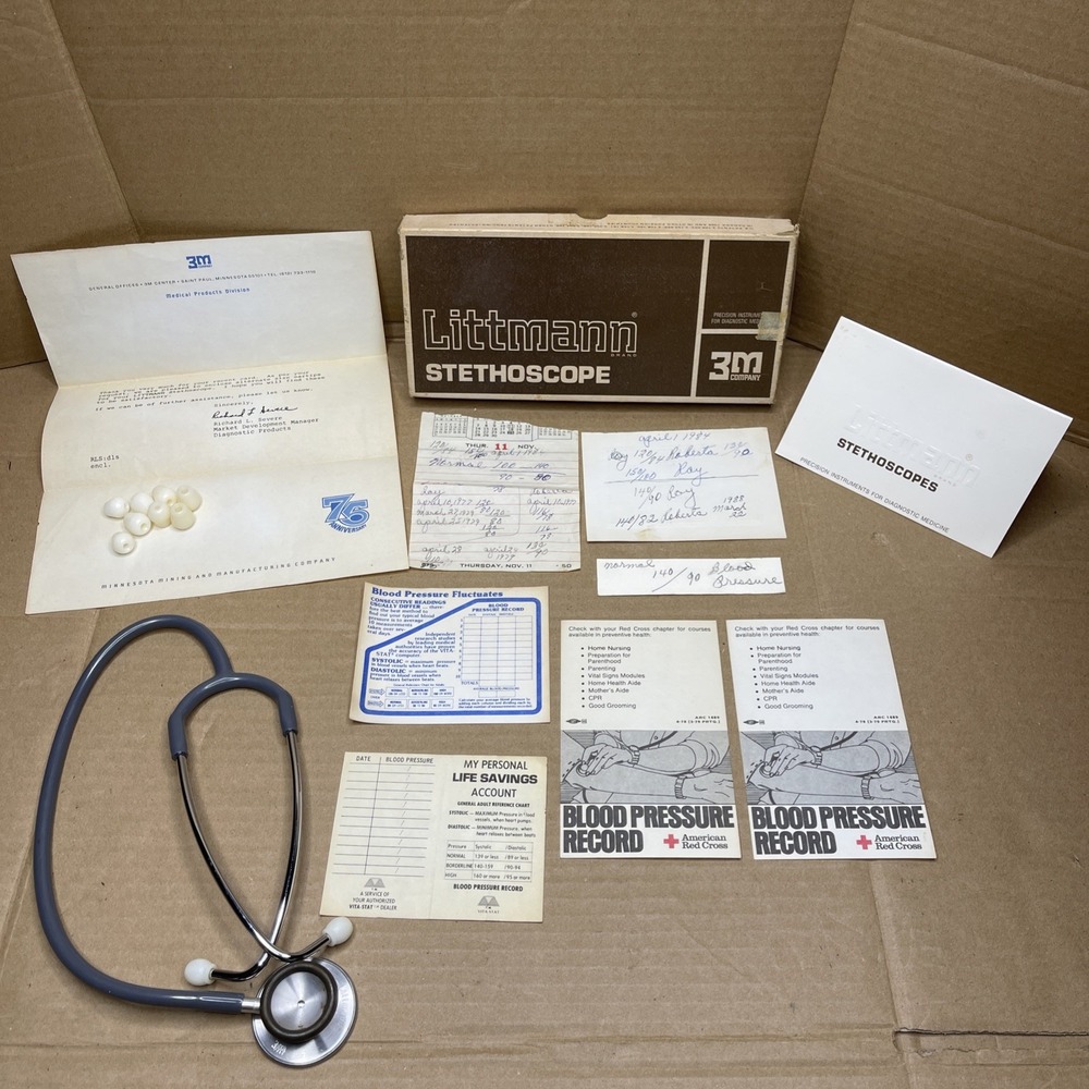 Vintage 3M Littmann 2100 SS Gray 22" Stethoscope Box Papers 1970s Medical Lot